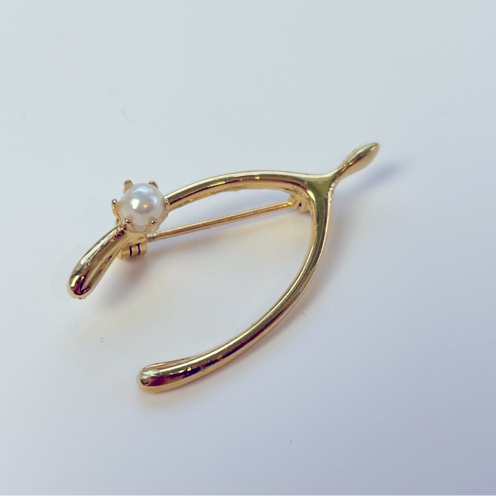 Wishbone Goldtone Brooch w Faux Pearl Accent
